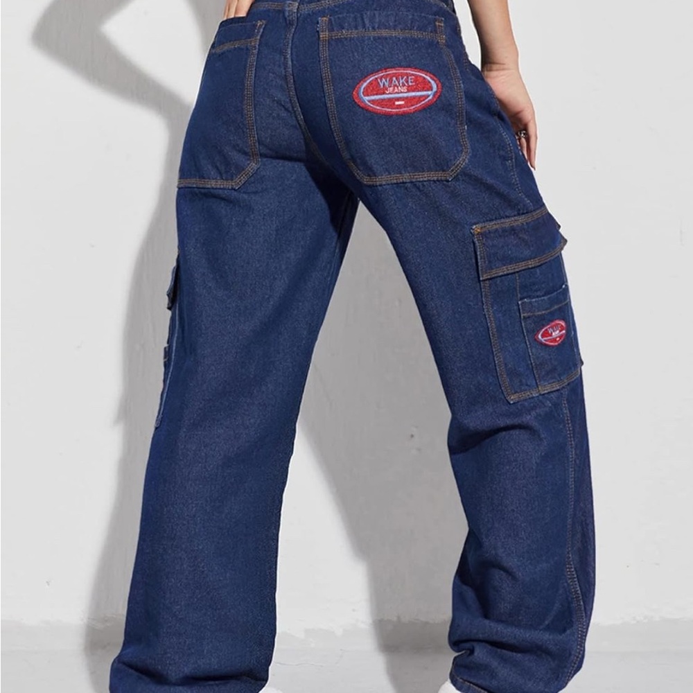 SHEIN Patched Detail Flap Pocket Wide Leg Jeans